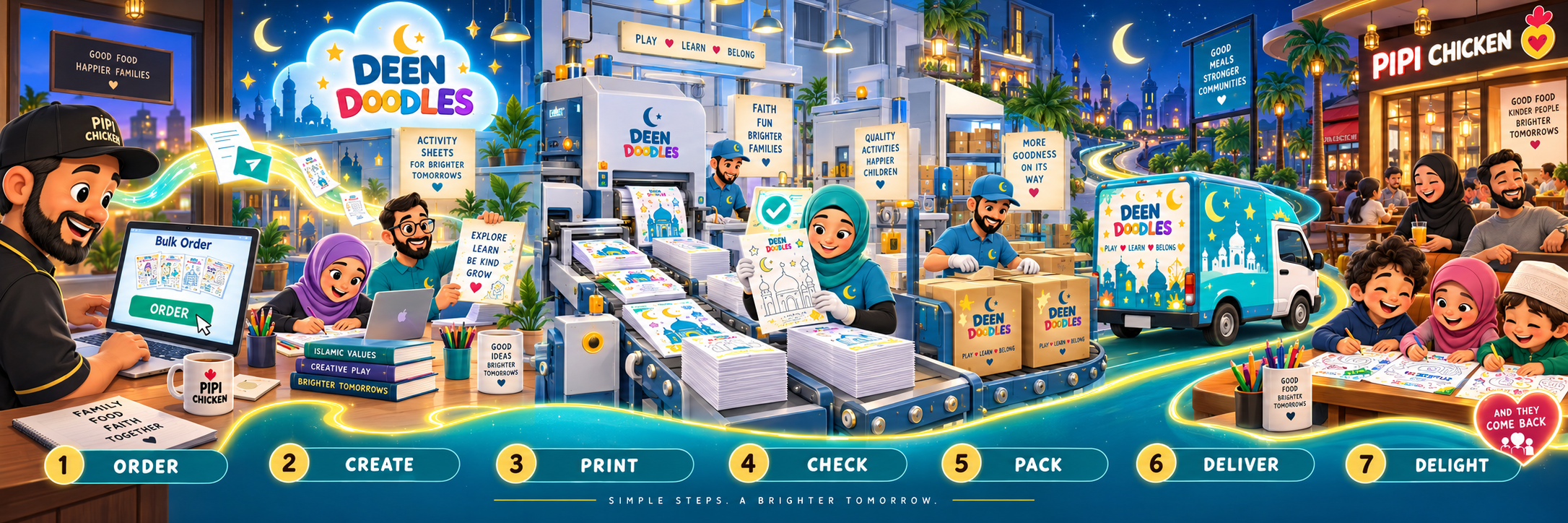 The Deen Doodles process from restaurant order through design, printing, packing and delivery to happy family tables