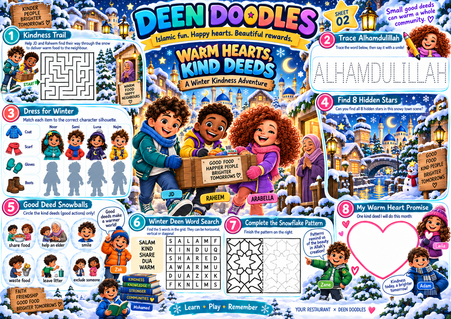 Warm Hearts, Kind Deeds Deen Doodles activity sheet
