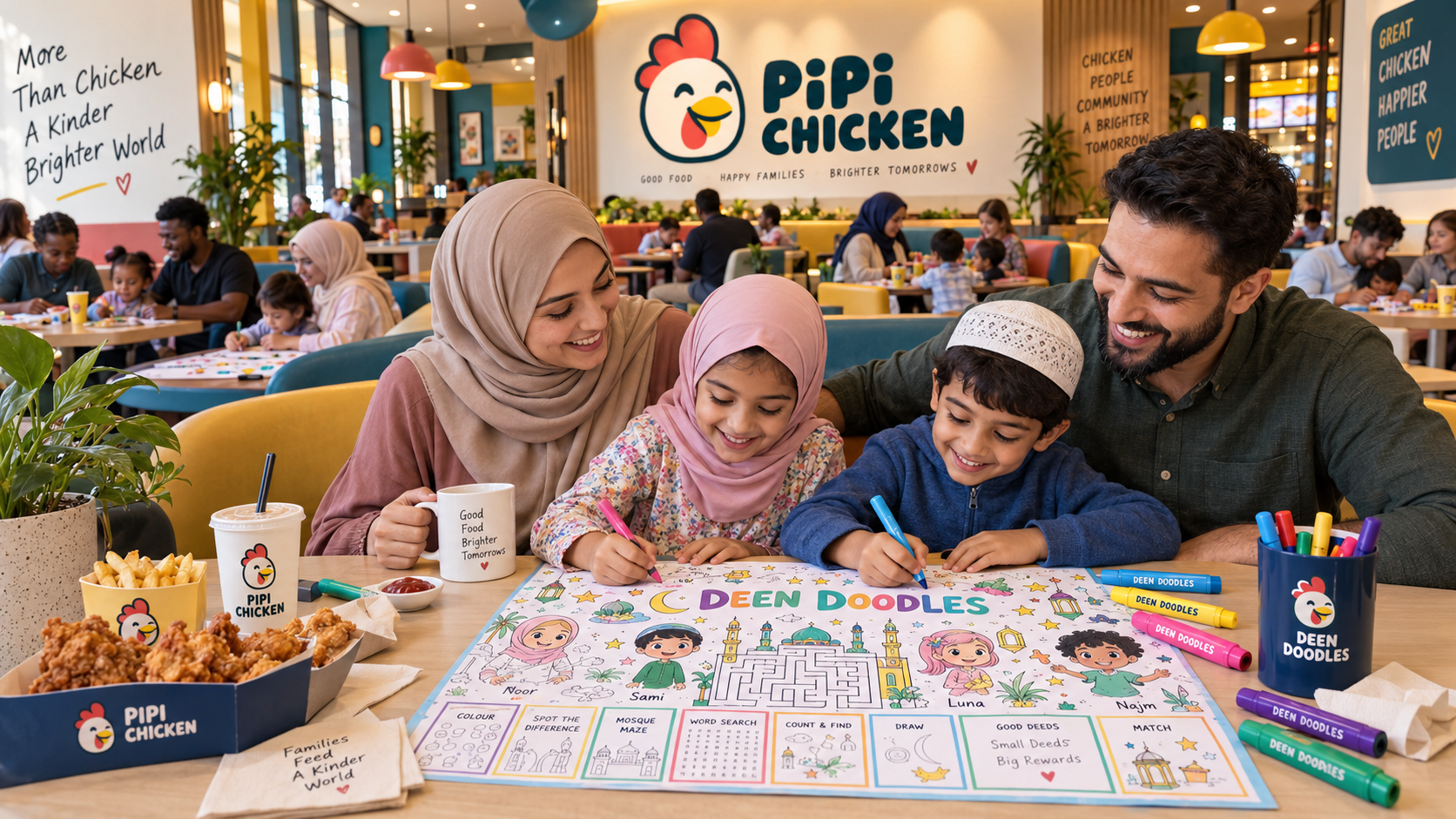 A real family enjoying Deen Doodles activity sheets together at Pipi Chicken restaurant
