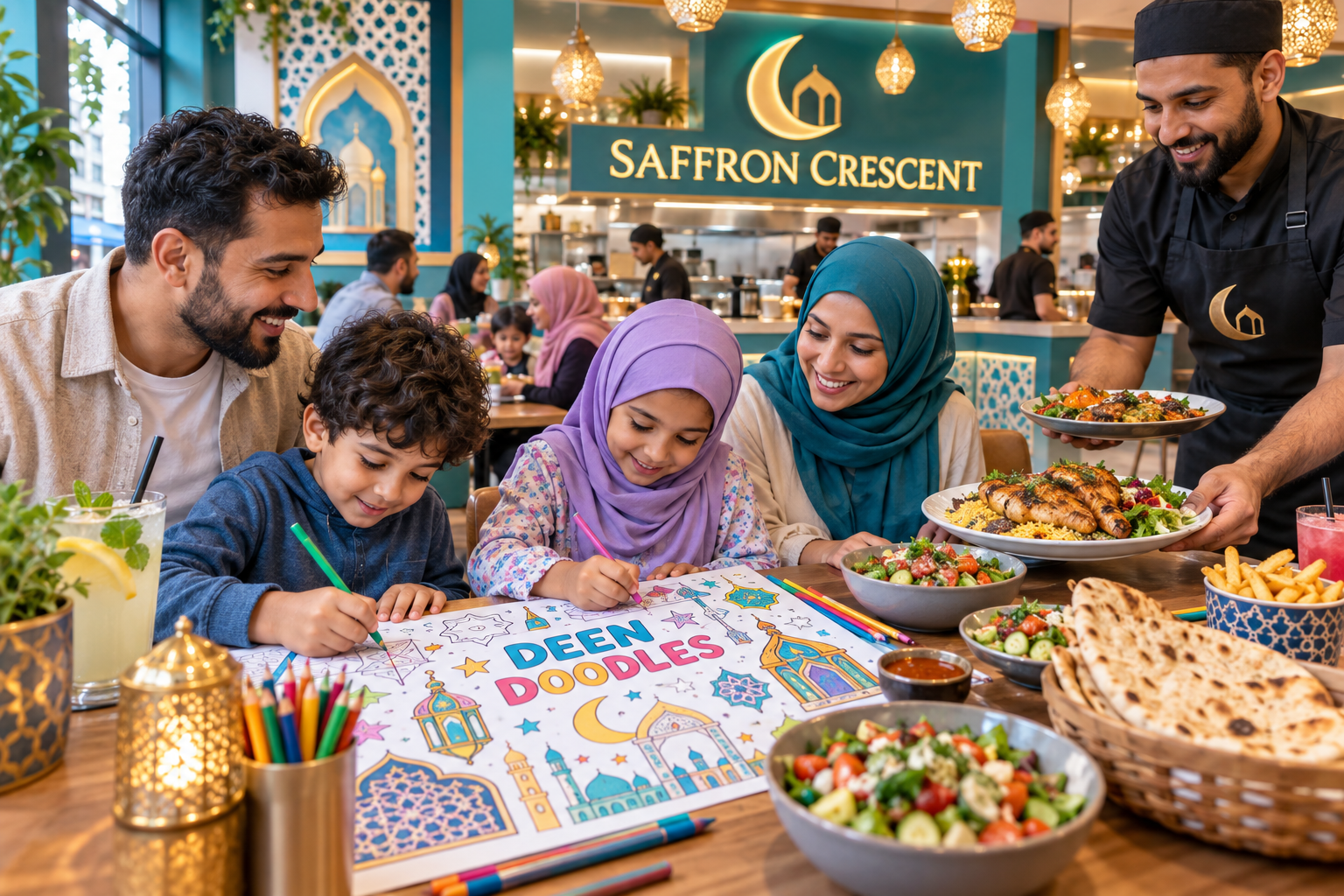 Concept showing children using Deen Doodles at the fictional Saffron Crescent restaurant