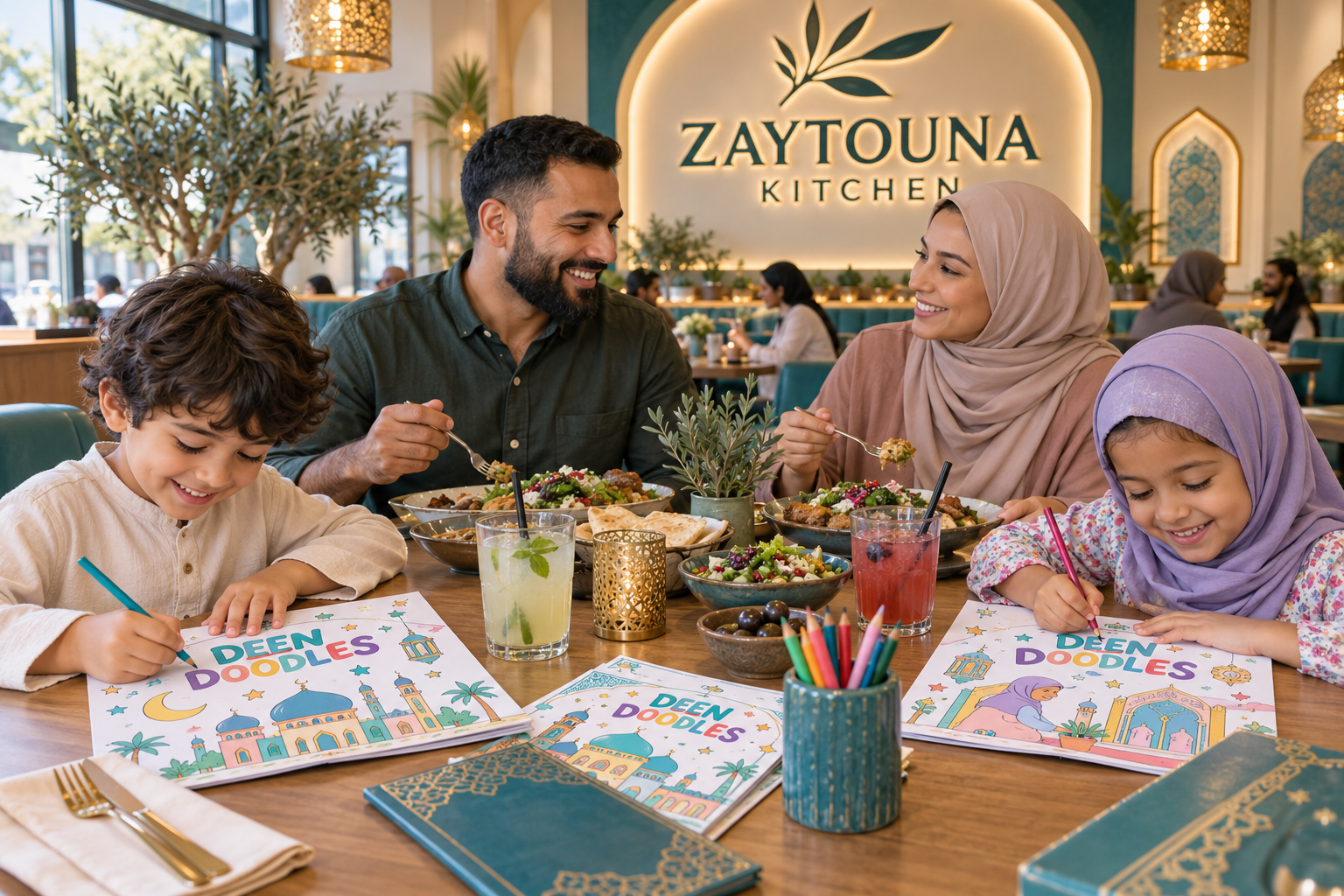 Concept showing a family using Deen Doodles at the fictional Zaytouna Kitchen